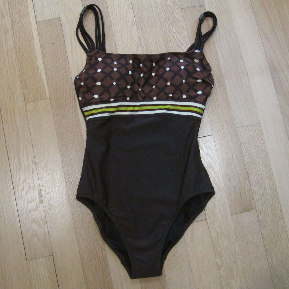 Profile by Gottex One Piece Swimsuit Size 6 Brown Black Dots Stripes Bathing